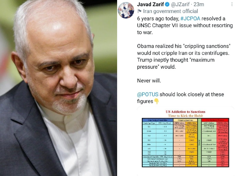 ظریف: ۶ سال پیش برجام یک موضوع فصل هفتمی شورای امنیت را بدون توسل به جنگ، حل و فصل کرد/ تحریم‌های فلج‌کننده نه ایران و نه سانتریفیوژ‌های ایران را فلج نمی‌کند؛ ترامپ ساده‌لوحانه تصور کرد که «فشار حداکثری» چنین خواهد کرد